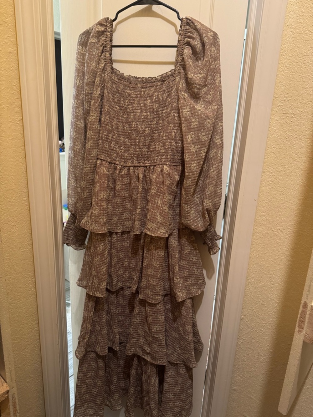 Baltic Born Taupe-Cream Tiered Smocked Dress